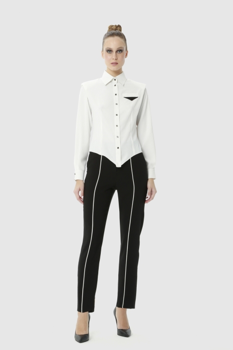 Gizia Striped Pocket Handkerchief Detailed Ecru Blouse With Wadding. 1 Gizia Striped Pocket Handkerchief Detailed Ecru Blouse With Wadding. 1