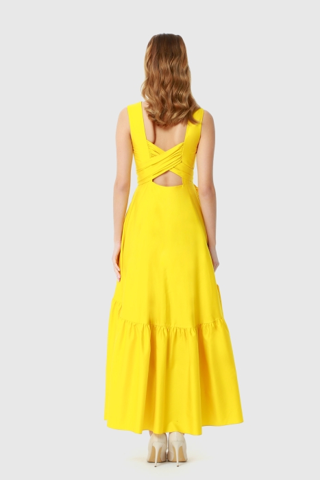Gizia Maxi-Length Poplin Yellow Shirt With Low-Cut Back Binding Detail. 3