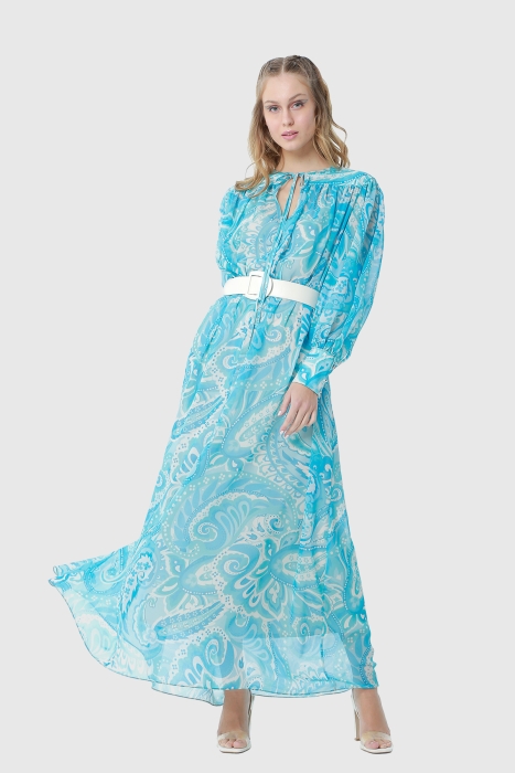 Gizia Maxi Length Blue Chiffon Dress With Comfortable Cut Leather Belt With Shawl Pattern. 1