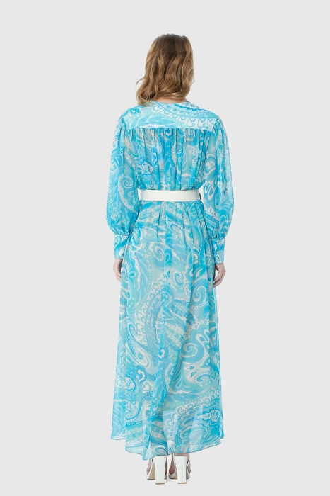 Gizia Maxi Length Blue Chiffon Dress With Comfortable Cut Leather Belt With Shawl Pattern. 3