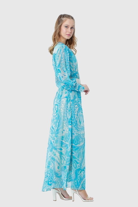 Gizia Maxi Length Blue Chiffon Dress With Comfortable Cut Leather Belt With Shawl Pattern. 2