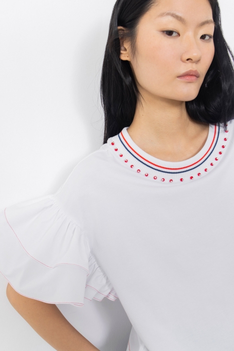 Gizia Red Stitch Detail Ruffle Sleeve Collar Embroidered Ribband Collar White Tshirt. 2