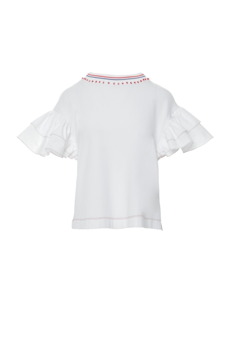 Gizia Red Stitch Detail Ruffle Sleeve Collar Embroidered Ribband Collar White Tshirt. 5