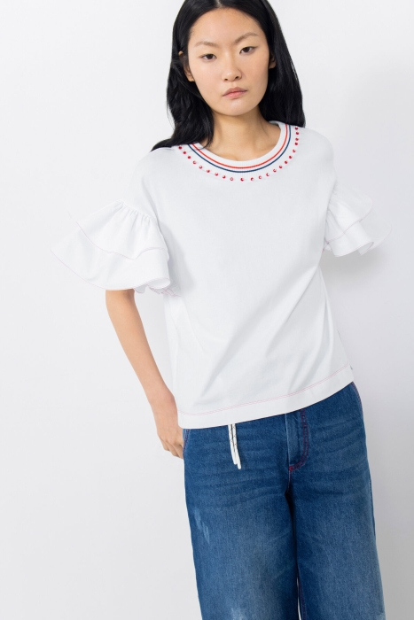 Gizia Red Stitch Detail Ruffle Sleeve Collar Embroidered Ribband Collar White Tshirt. 4