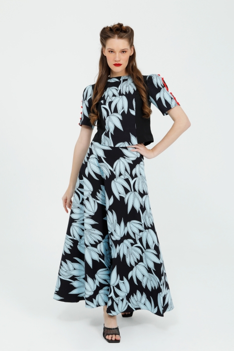 Gizia Blue Suit with Sleeve Brit Button Detail Blouse and Flared Maxi Length Skirt. 1 Gizia Blue Suit with Sleeve Brit Button Detail Blouse and Flared Maxi Length Skirt. 1