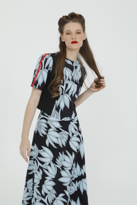 Gizia Blue Suit with Sleeve Brit Button Detail Blouse and Flared Maxi Length Skirt. 4 Gizia Blue Suit with Sleeve Brit Button Detail Blouse and Flared Maxi Length Skirt. 4
