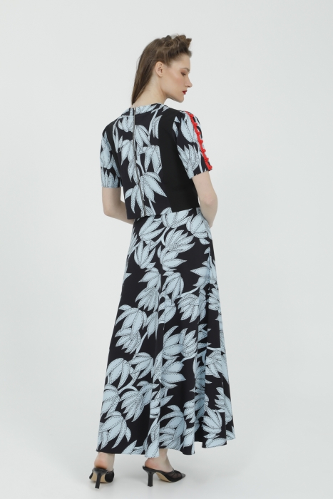 Gizia Blue Suit with Sleeve Brit Button Detail Blouse and Flared Maxi Length Skirt. 3 Gizia Blue Suit with Sleeve Brit Button Detail Blouse and Flared Maxi Length Skirt. 3