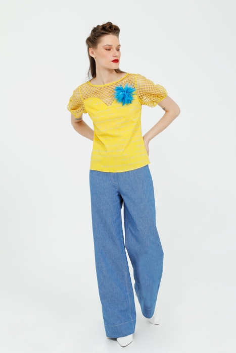 Gizia Yellow Blouse with Balloon Sleeves and Flower Brooch. 1