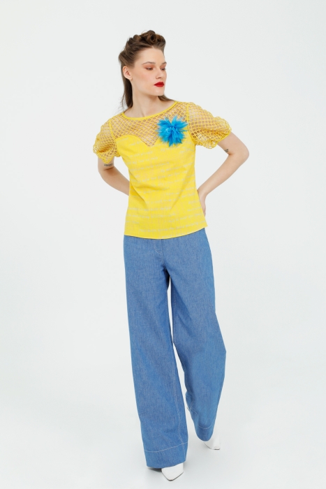 Gizia Yellow Blouse with Balloon Sleeves and Flower Brooch. 1 Gizia Yellow Blouse with Balloon Sleeves and Flower Brooch. 1