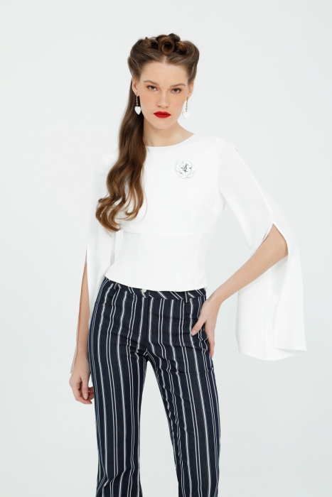 Gizia Ecru Blouse with Low Cut Back and Floral Brooch. 1 Gizia Ecru Blouse with Low Cut Back and Floral Brooch. 1
