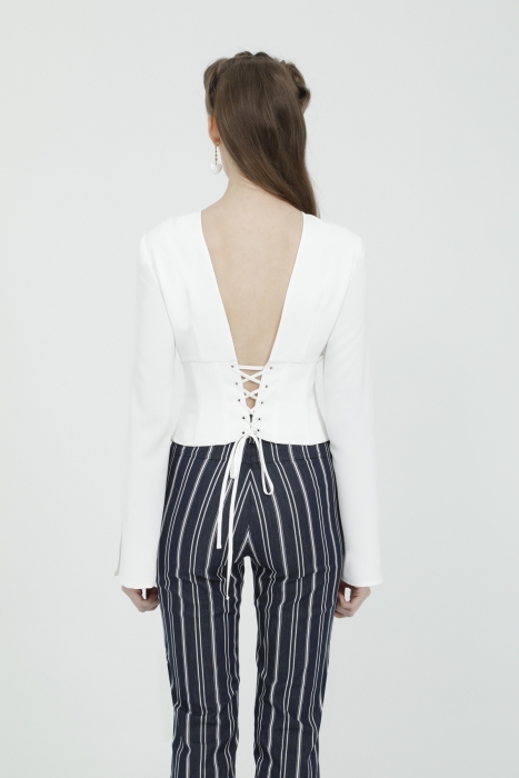 Gizia Ecru Blouse with Low Cut Back and Floral Brooch. 3 Gizia Ecru Blouse with Low Cut Back and Floral Brooch. 3