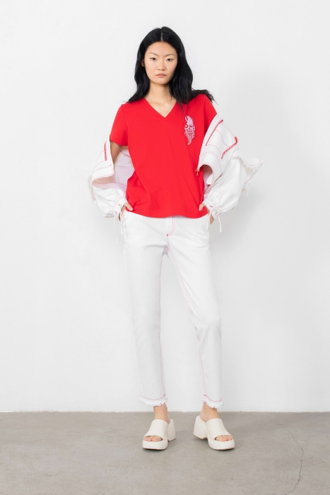 Gizia Jeans with Red Stitching Detail. 1 Gizia Jeans with Red Stitching Detail. 1