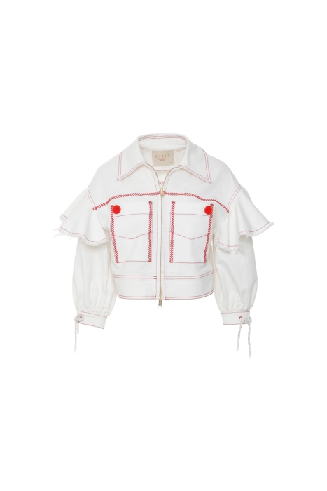 Gizia White Jean Jacket with Flounce Detail With Red Stitching. 4