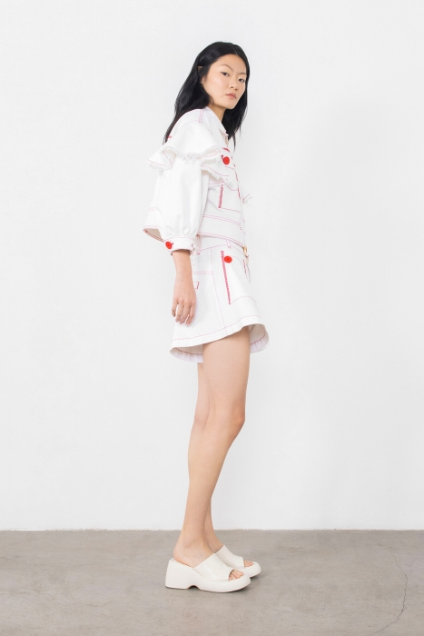 Gizia White Jean Jacket with Flounce Detail With Red Stitching. 3 Gizia White Jean Jacket with Flounce Detail With Red Stitching. 3