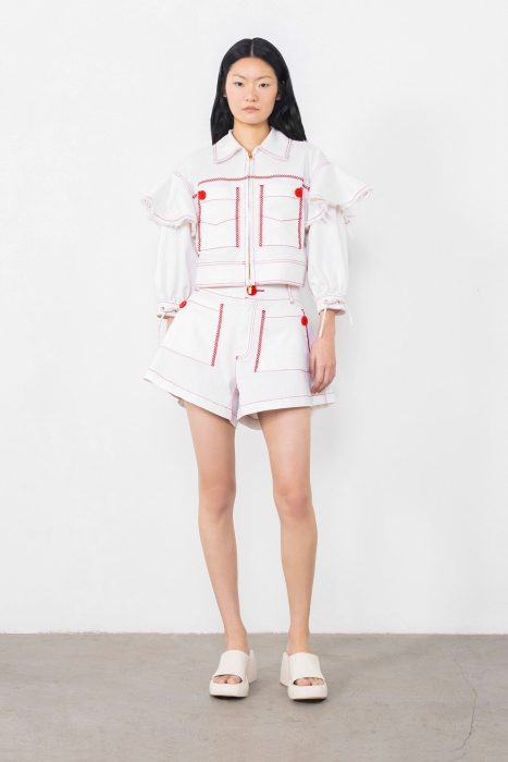 Gizia White Jean Jacket with Flounce Detail With Red Stitching. 1 Gizia White Jean Jacket with Flounce Detail With Red Stitching. 1