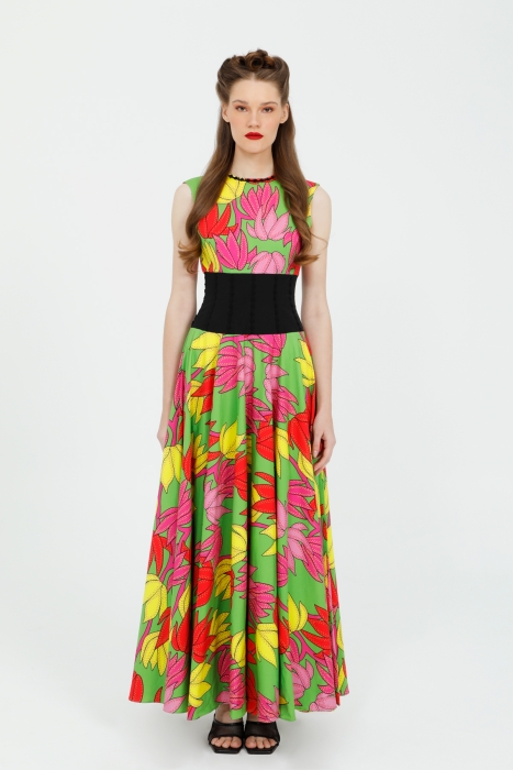 Gizia Green Maxi Dress with Floral Pattern and Bodice Detail. 1