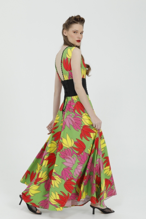 Gizia Green Maxi Dress with Floral Pattern and Bodice Detail. 2 Gizia Green Maxi Dress with Floral Pattern and Bodice Detail. 2