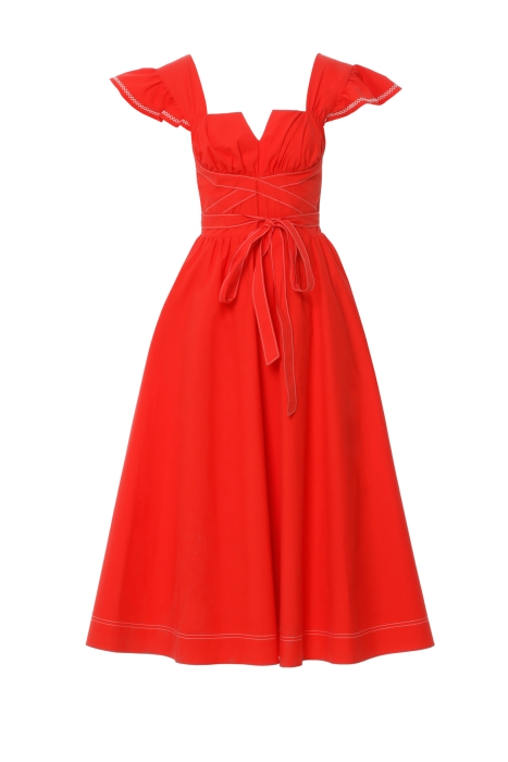 Gizia فستان أحمر مزين بفتحة في الأمام و أكمام مكشكشة. 5