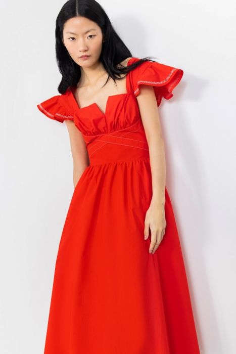 Gizia فستان أحمر مزين بفتحة في الأمام و أكمام مكشكشة. 2