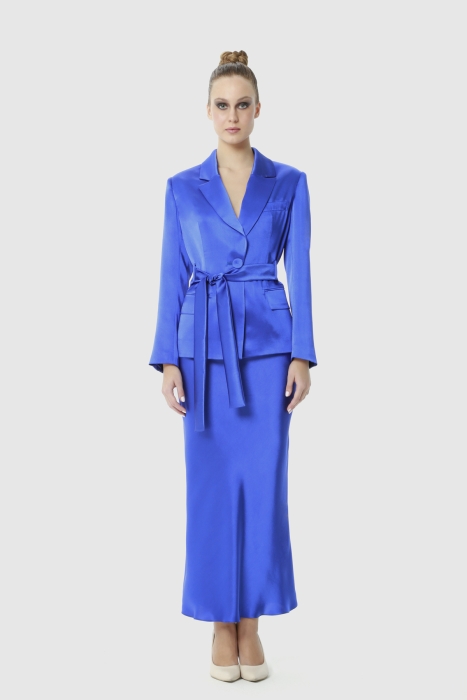 Gizia Shiny Blue Satin Suit With A Belted Blazer Jacket And A Verev Maxi Skirt. 1