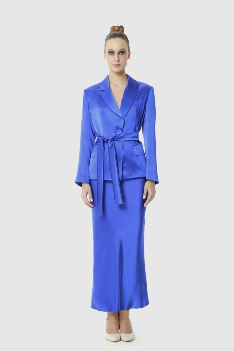 Gizia Shiny Blue Satin Suit With A Belted Blazer Jacket And A Verev Maxi Skirt. 1 Gizia Shiny Blue Satin Suit With A Belted Blazer Jacket And A Verev Maxi Skirt. 1