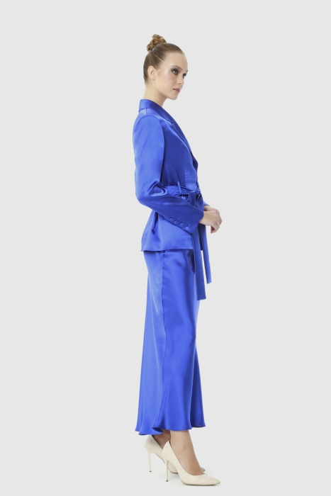 Gizia Shiny Blue Satin Suit With A Belted Blazer Jacket And A Verev Maxi Skirt. 2 Gizia Shiny Blue Satin Suit With A Belted Blazer Jacket And A Verev Maxi Skirt. 2