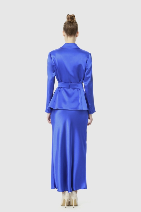 Gizia Shiny Blue Satin Suit With A Belted Blazer Jacket And A Verev Maxi Skirt. 3 Gizia Shiny Blue Satin Suit With A Belted Blazer Jacket And A Verev Maxi Skirt. 3