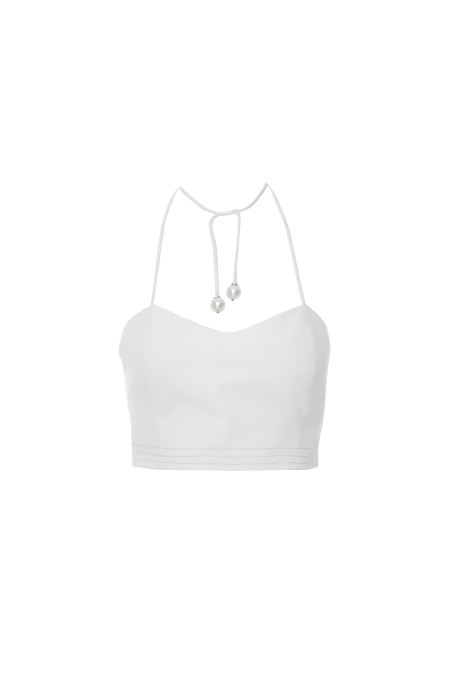Gizia White Top With Pearl Embroidered Back Tie Detail At The Neck. 3