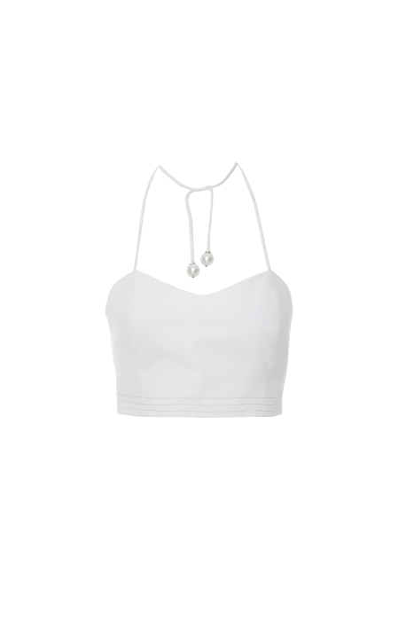 Gizia White Top With Pearl Embroidered Back Tie Detail At The Neck. 3 Gizia White Top With Pearl Embroidered Back Tie Detail At The Neck. 3