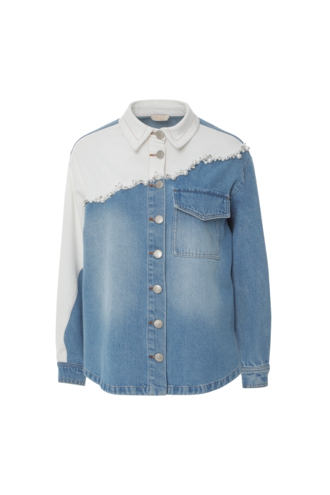 Gizia Asymmetric White Jean Embroidered Blue Jean Shirt With Detail. 5