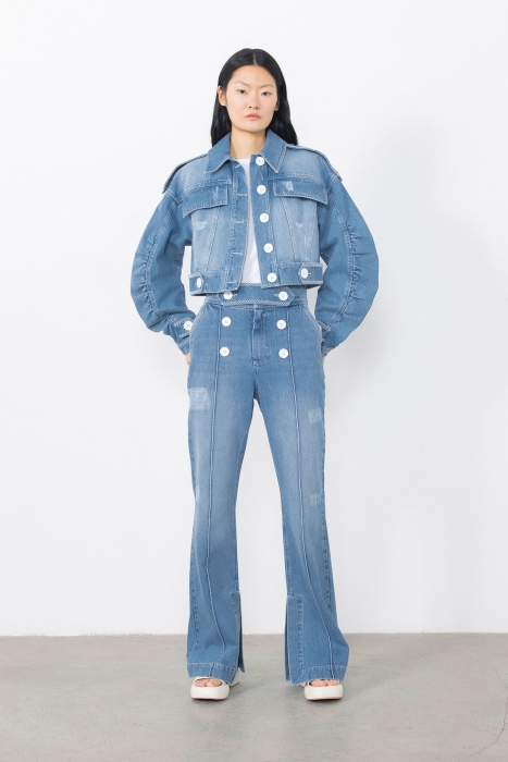 Gizia Shirred Jean Jacket with Epaulette Detail. 1 Gizia Shirred Jean Jacket with Epaulette Detail. 1