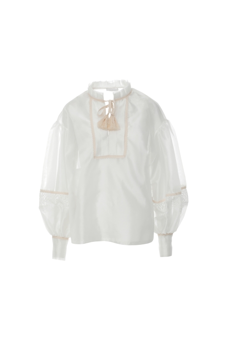 Gizia Ecru Blouse With Pleating Detail Tassel Lace And Ribbon Accessories. 4