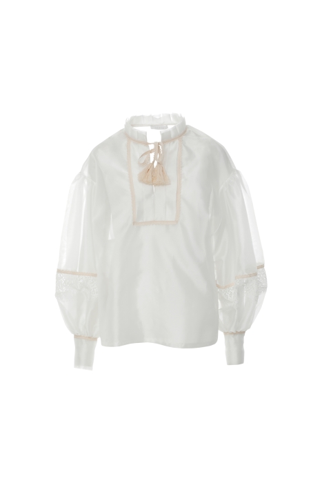 Gizia Ecru Blouse With Pleating Detail Tassel Lace And Ribbon Accessories. 4 Gizia Ecru Blouse With Pleating Detail Tassel Lace And Ribbon Accessories. 4