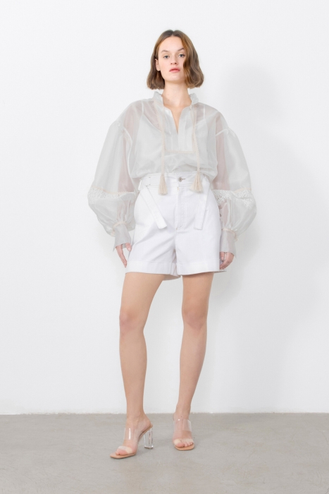Gizia Ecru Blouse With Pleating Detail Tassel Lace And Ribbon Accessories. 1