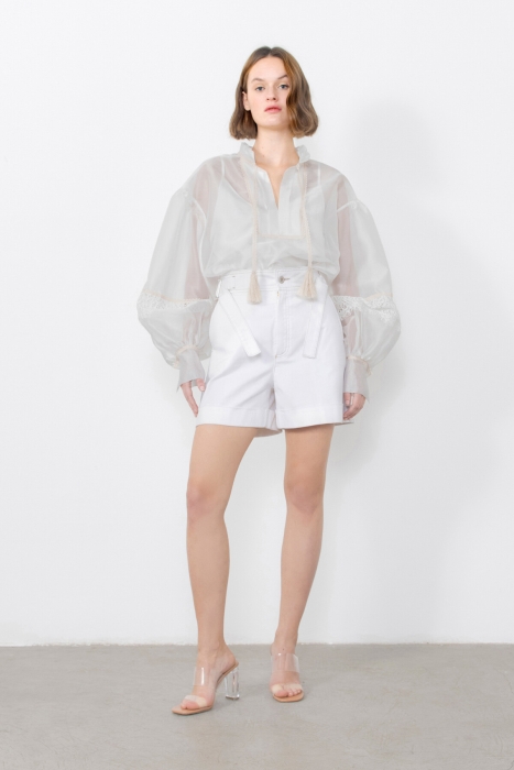 Gizia Ecru Blouse With Pleating Detail Tassel Lace And Ribbon Accessories. 1 Gizia Ecru Blouse With Pleating Detail Tassel Lace And Ribbon Accessories. 1