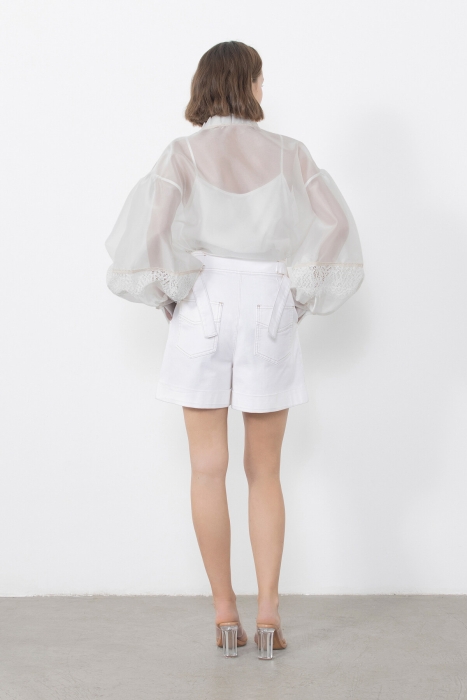 Gizia Ecru Blouse With Pleating Detail Tassel Lace And Ribbon Accessories. 3