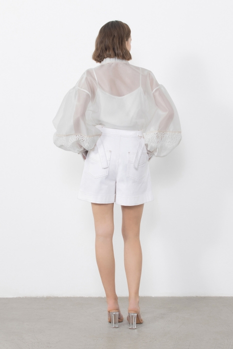 Gizia Ecru Blouse With Pleating Detail Tassel Lace And Ribbon Accessories. 3 Gizia Ecru Blouse With Pleating Detail Tassel Lace And Ribbon Accessories. 3