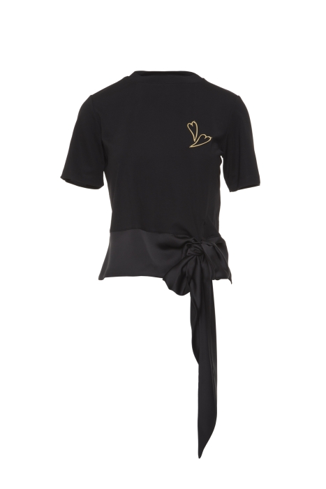Gizia Short Sleeve Black Blouse With Heart Pattern With Belt Detail. 1 Gizia Short Sleeve Black Blouse With Heart Pattern With Belt Detail. 1