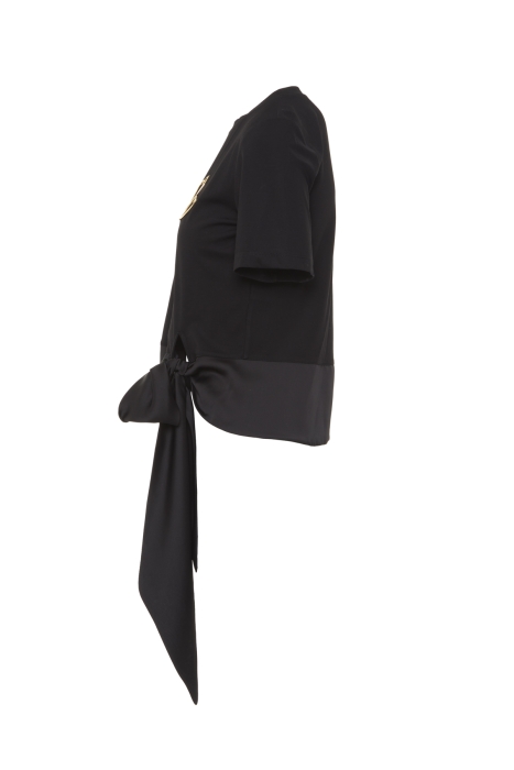 Gizia Short Sleeve Black Blouse With Heart Pattern With Belt Detail. 2 Gizia Short Sleeve Black Blouse With Heart Pattern With Belt Detail. 2