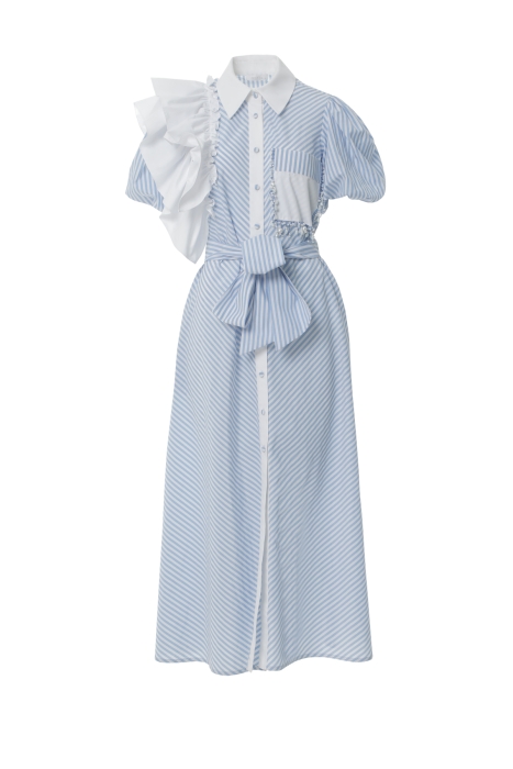 Gizia Asymmetric Ruffled Balloon Sleeve Blue Dress With Embroidered Detail Belt. 3 Gizia Asymmetric Ruffled Balloon Sleeve Blue Dress With Embroidered Detail Belt. 3