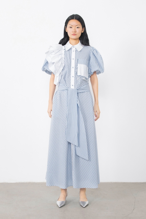 Gizia Asymmetric Ruffled Balloon Sleeve Blue Dress With Embroidered Detail Belt. 1 Gizia Asymmetric Ruffled Balloon Sleeve Blue Dress With Embroidered Detail Belt. 1