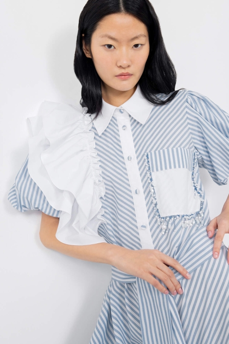Gizia Asymmetric Ruffled Balloon Sleeve Blue Dress With Embroidered Detail Belt. 2 Gizia Asymmetric Ruffled Balloon Sleeve Blue Dress With Embroidered Detail Belt. 2