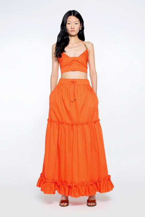 Gizia Long Orange Skirt With Ruffle Detail Lace-up Embroidered Waist Elastic. 1