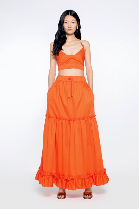 Gizia Long Orange Skirt With Ruffle Detail Lace-up Embroidered Waist Elastic. 1 Gizia Long Orange Skirt With Ruffle Detail Lace-up Embroidered Waist Elastic. 1