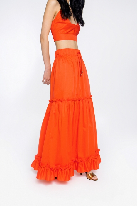 Gizia Long Orange Skirt With Ruffle Detail Lace-up Embroidered Waist Elastic. 3