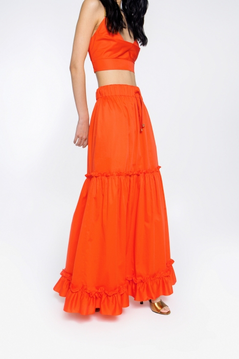 Gizia Long Orange Skirt With Ruffle Detail Lace-up Embroidered Waist Elastic. 3 Gizia Long Orange Skirt With Ruffle Detail Lace-up Embroidered Waist Elastic. 3