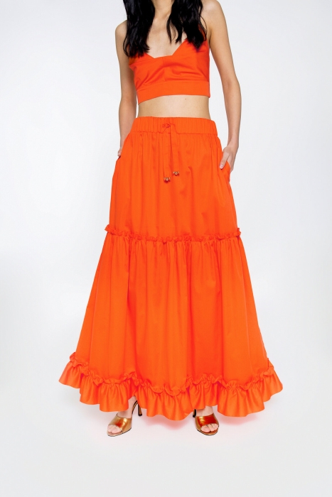 Gizia Long Orange Skirt With Ruffle Detail Lace-up Embroidered Waist Elastic. 2 Gizia Long Orange Skirt With Ruffle Detail Lace-up Embroidered Waist Elastic. 2