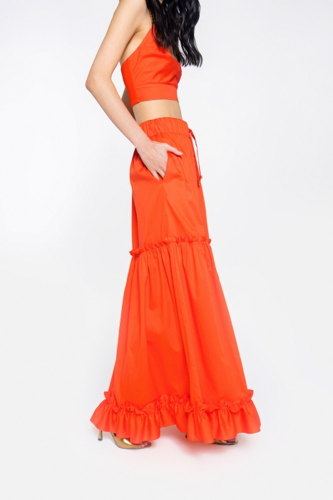 Gizia Long Orange Skirt With Ruffle Detail Lace-up Embroidered Waist Elastic. 4 Gizia Long Orange Skirt With Ruffle Detail Lace-up Embroidered Waist Elastic. 4