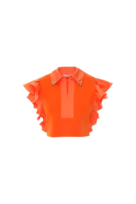 Gizia Orange Crop Blouse With Flywheel Sleeve Detail Embroidered Hidden Zipper. 6