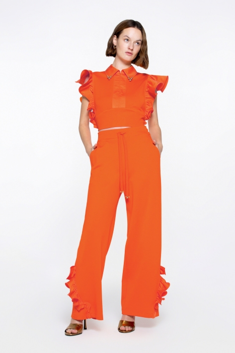 Gizia Orange Crop Blouse With Flywheel Sleeve Detail Embroidered Hidden Zipper. 1